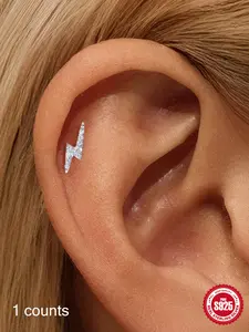 1Pc Real Moissanite D VVS1 S925 Silver Flat Back, True to Size Comfortable Lightning Bolt Piercing Stud, Waterproof Daily Wear Streetwear Aesthetic Casual Dating Accessories, Tarnish Free Curated Ear Cartilage Helix Screw Back
