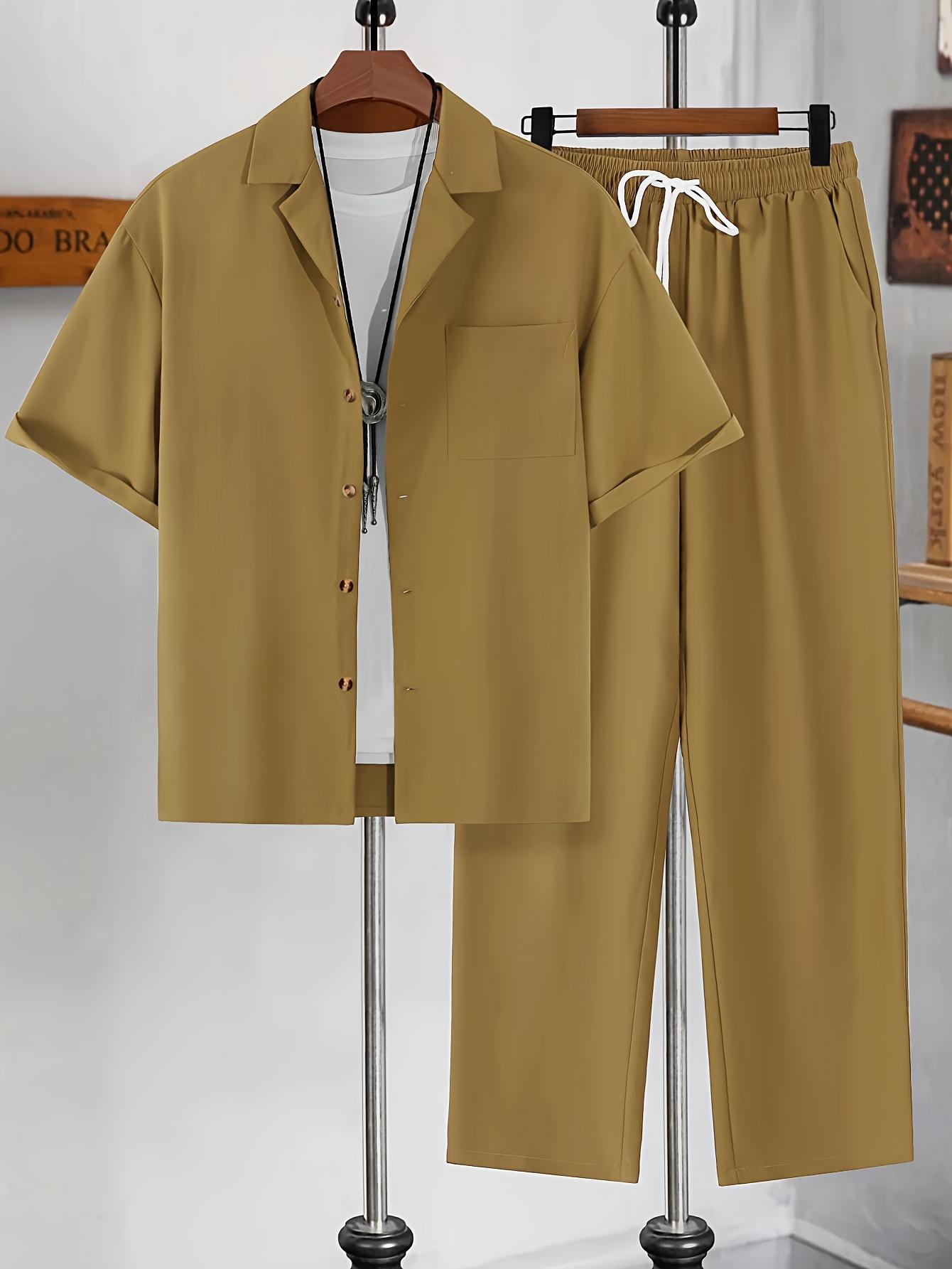 Men's Casual Set - Suit-Inspired Short Sleeve Shirt & Loose Straight Pants - Polyester, Machine Washable