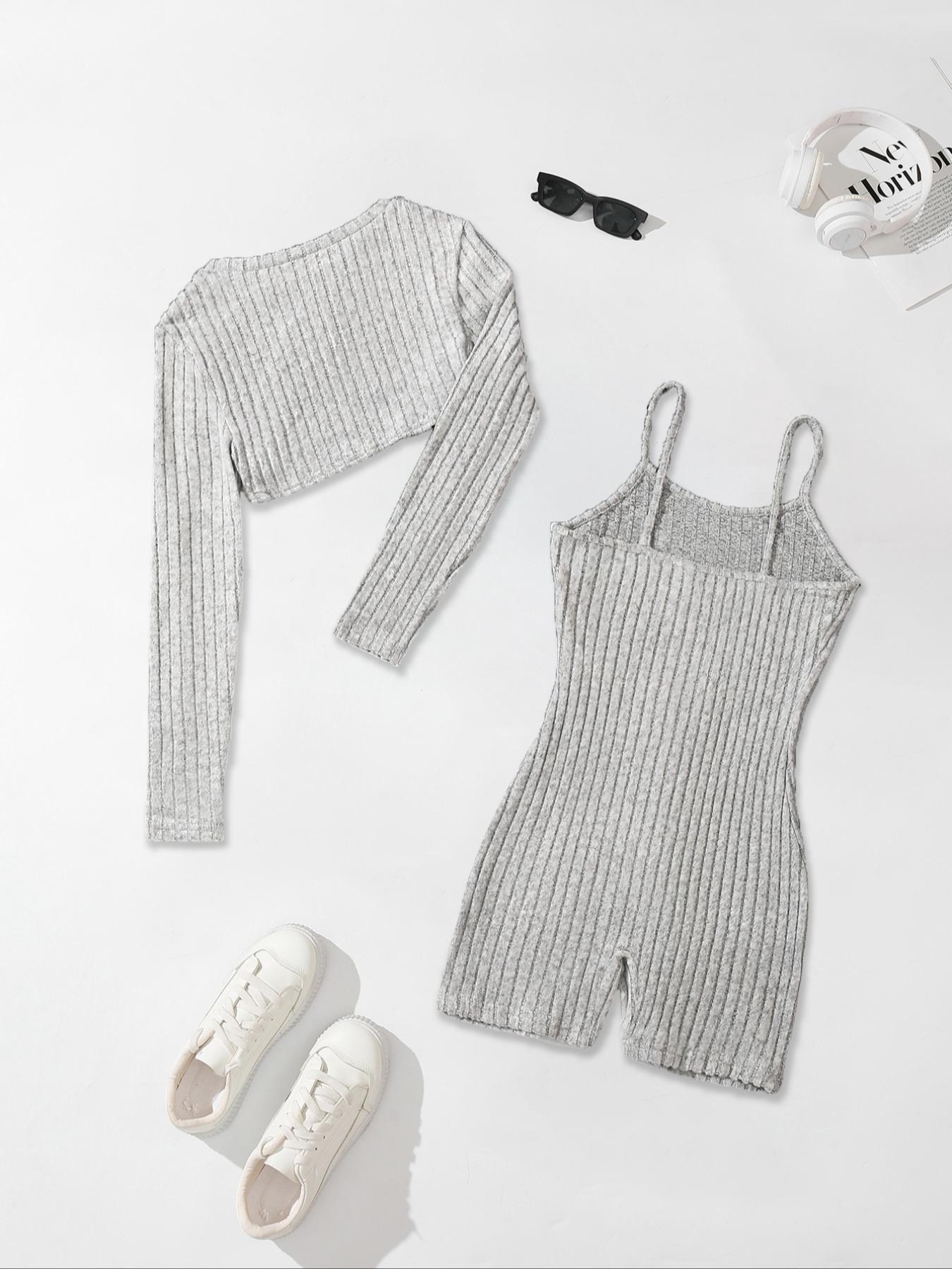 Women's Solid Ribbed Crop Top & Romper Set, Casual Basic Fashion Minimalist Cozy Top & Romper for Daily Outdoor Wear, Ladies Clothes for All Seasons, Fitted