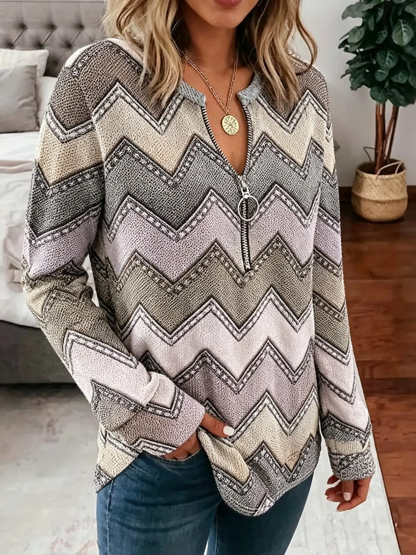 Fall Winter Women Retro Chevron Geometric Print Half‑Zip Pullover,Loose Long Sleeve Casual Tops