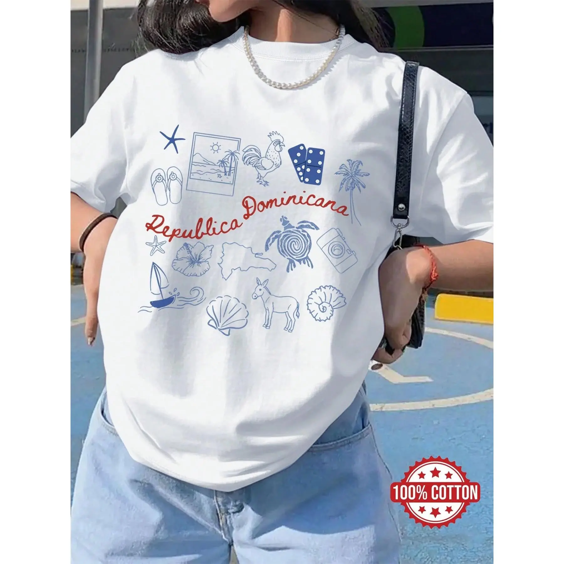 2026 New Women's T-Shirt Women's Oversized T-Shirt For Spring/Summer, Simple Illustration Style, Dominican Republic Summer Outfit For Women unisex wide-shoulder fit cotton casual street style