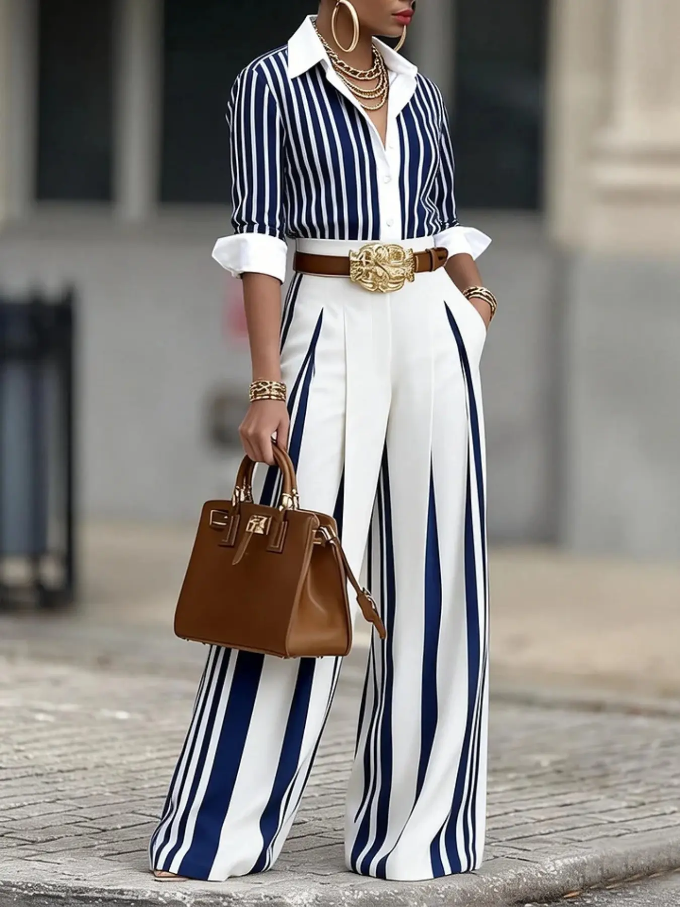 Women’s 2 Piece Striped Outfit Button Down Shirt & Wide Leg Pants Casual Matching Set Long Sleeve Office Work Chic Outfit Clothes