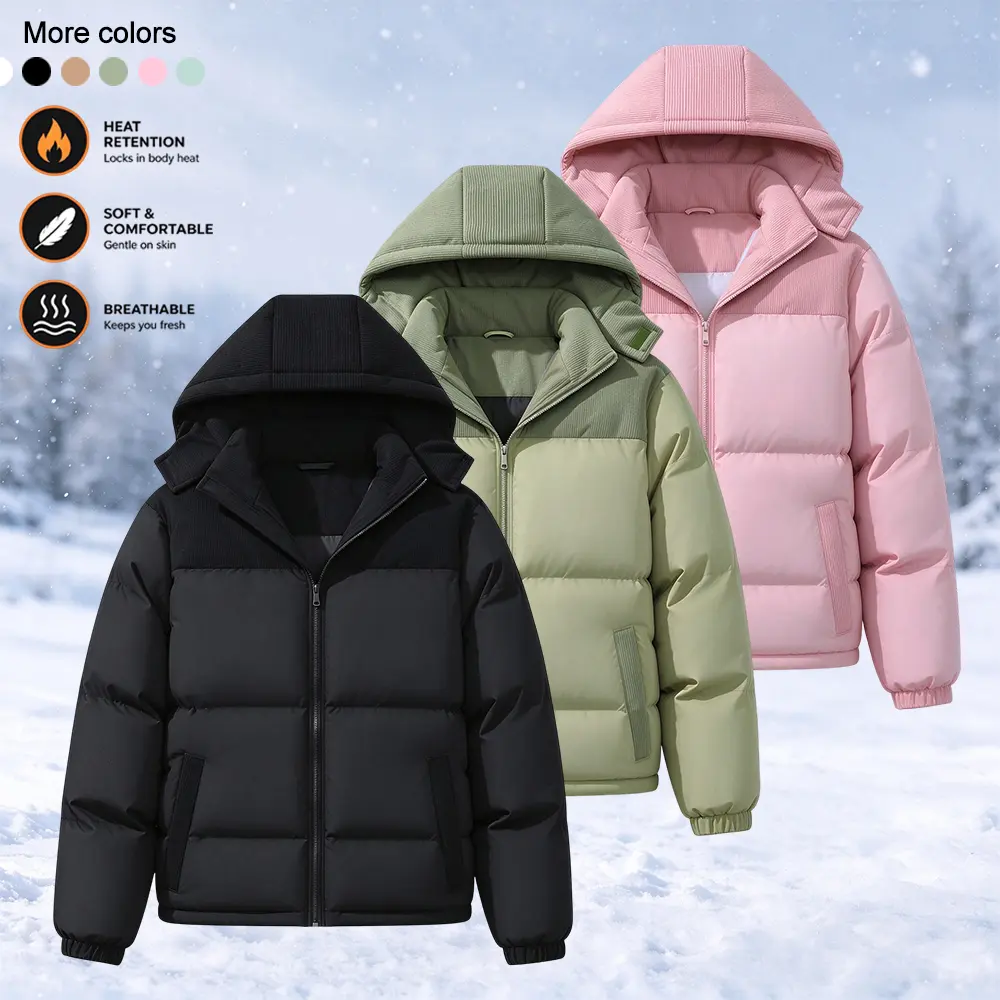 Women's Color Block Puffer Jacket, Hooded Design, Full Zip Front, Horizontal Quilted Padding, Ribbed Texture Yoke, Side Pockets, Ribbed Cuffs, Relaxed Fit, Warm Winter Outerwear