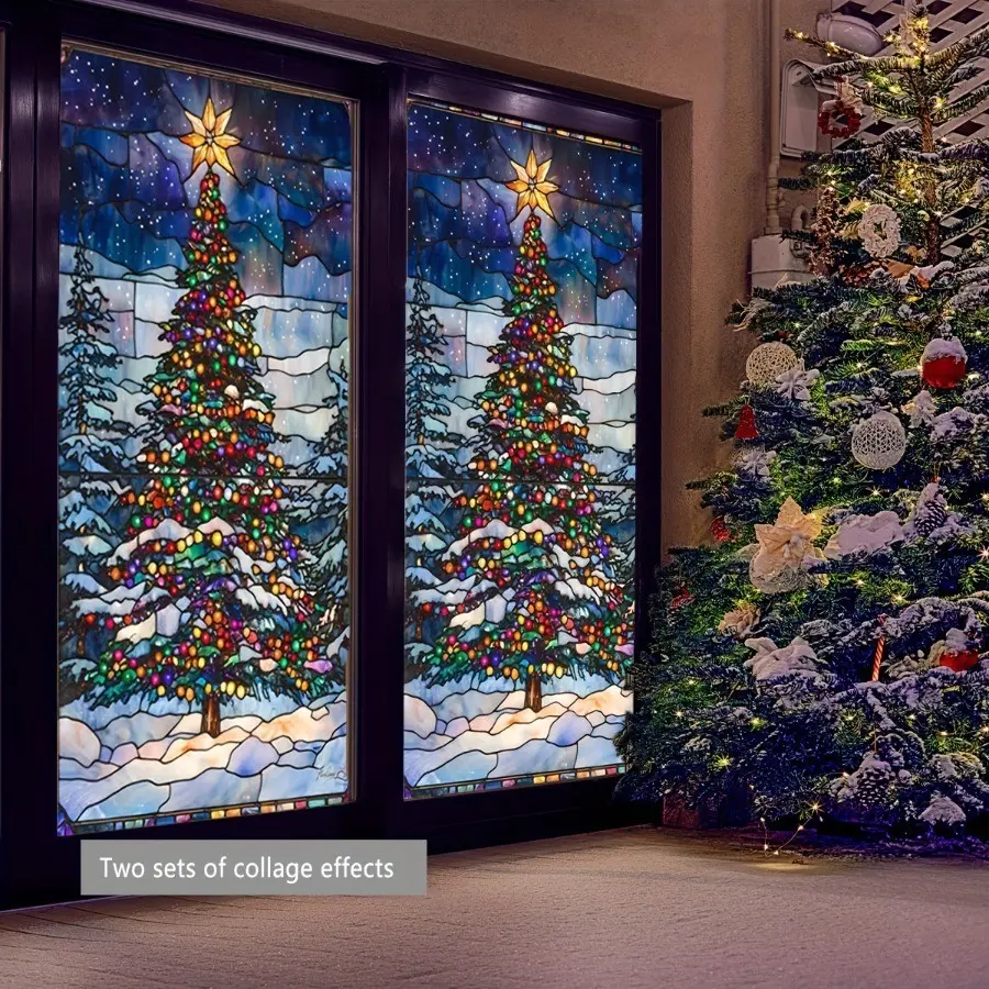Large Christmas Tree Window Sticker, Double-Sided Visible Static Glass Decal, Bedroom Living Room Bathroom Decor, Holiday Window Decoration