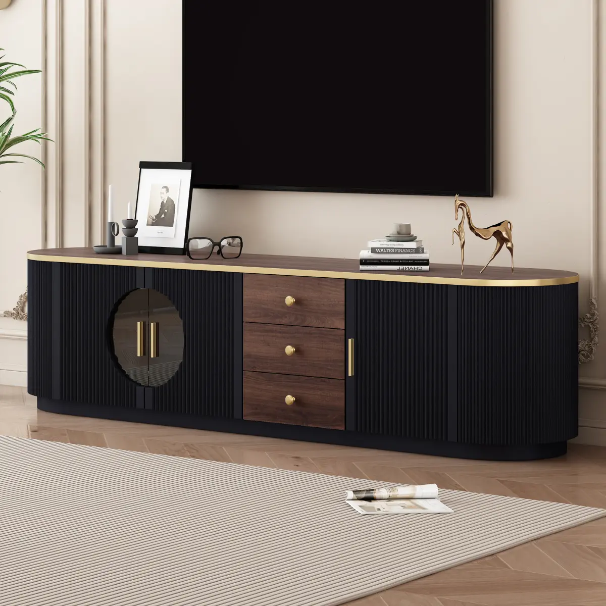 70.8'' Modern TV Stand for TVs up to 80 Inches, Storage Entertainment Center with 3 Drawers and 1 Shelf, Sideboard Console Table with Metal Handles and 2 Cabinets for Living room, Black