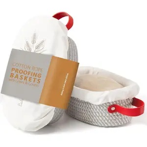 Banneton Bread Proofing Basket Set of 2, 10" Oval Round  Rope Proofing Baskets with Liners & Covers, Sourdough Bread Baking Supplies