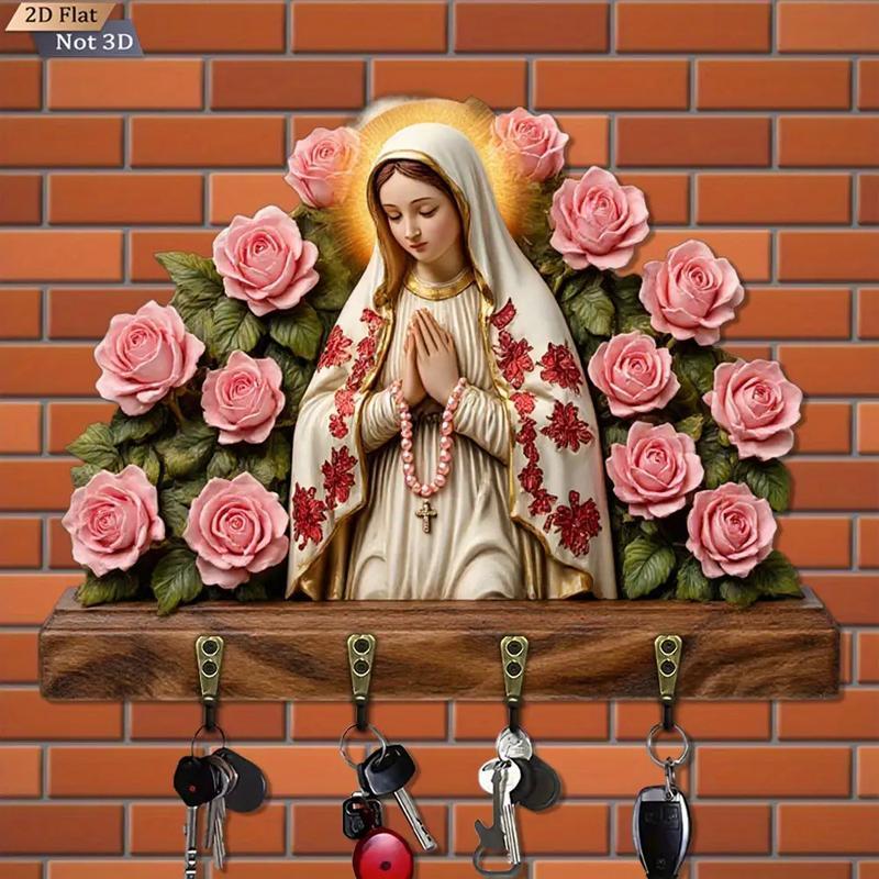 Wall Key Holder with Hooks – Wooden Virgin Mary & Baby Jesus Rose Design, Decorative Wall-Mounted Key Rack with 4 Hooks, Vintage Religious Home Decor for Entryway, Hallway & Living Room