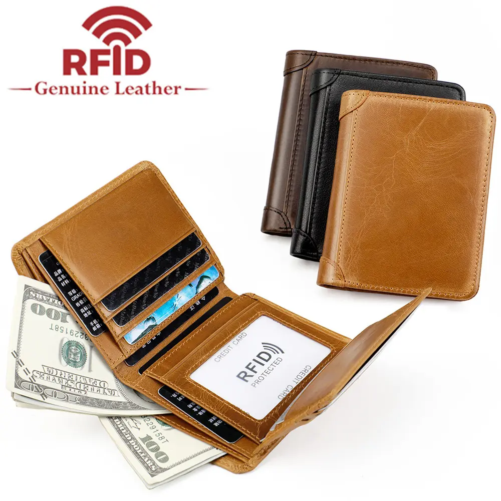 RFID Blocking Trifold Wallet for Men Genuine Leather Multi Card Slots with Clear ID Window Front Pocket Corner Reinforced Business Short Purse for Husband Father Boyfriend Gift