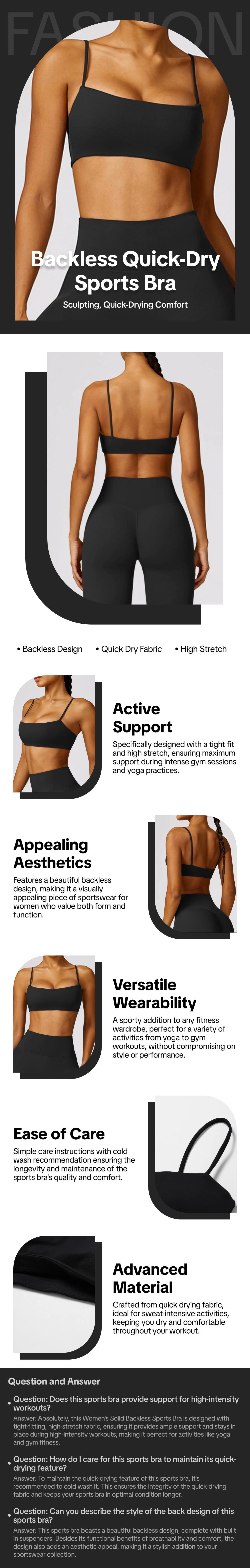 Women's Solid Backless Sports Bra, Sporty Breathable Comfortable Quick Drying Bra, Ladies Sportswear for Yoga Gym Fitness