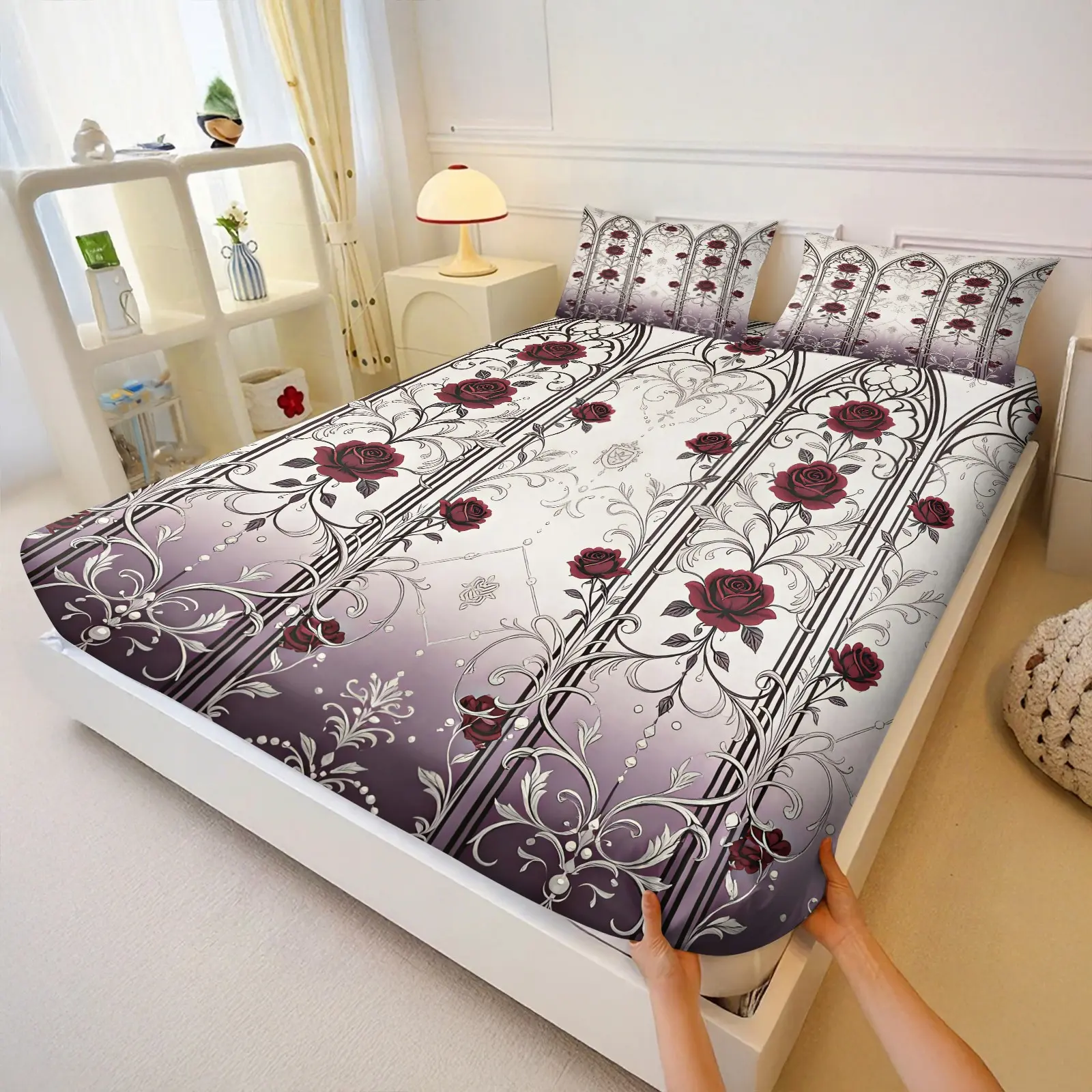 3Pcs Versatile Dark Victorian Custom Illustration Print Fitted Sheet Set,snug fit anti-shifting soft fabric,universal mattress cover for bedroom dorm hotel,all season dark retro bedding
