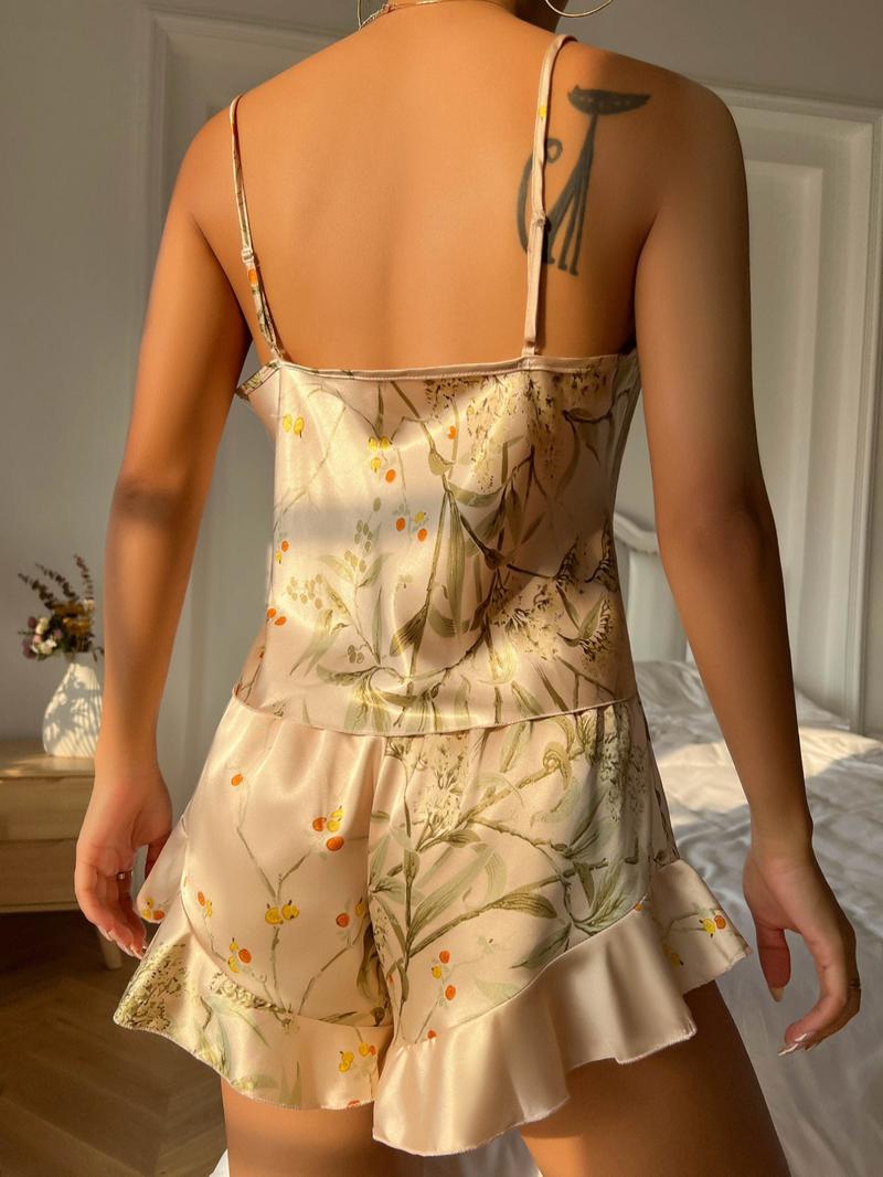 Two-piece Set Women's Plants Print Cami Top & Elastic Waist Shorts Satin Pyjama Set, Adjustable Strap Top & Ruffle Hem Shorts PJ Set, Women's Sleepwear for All Seasons