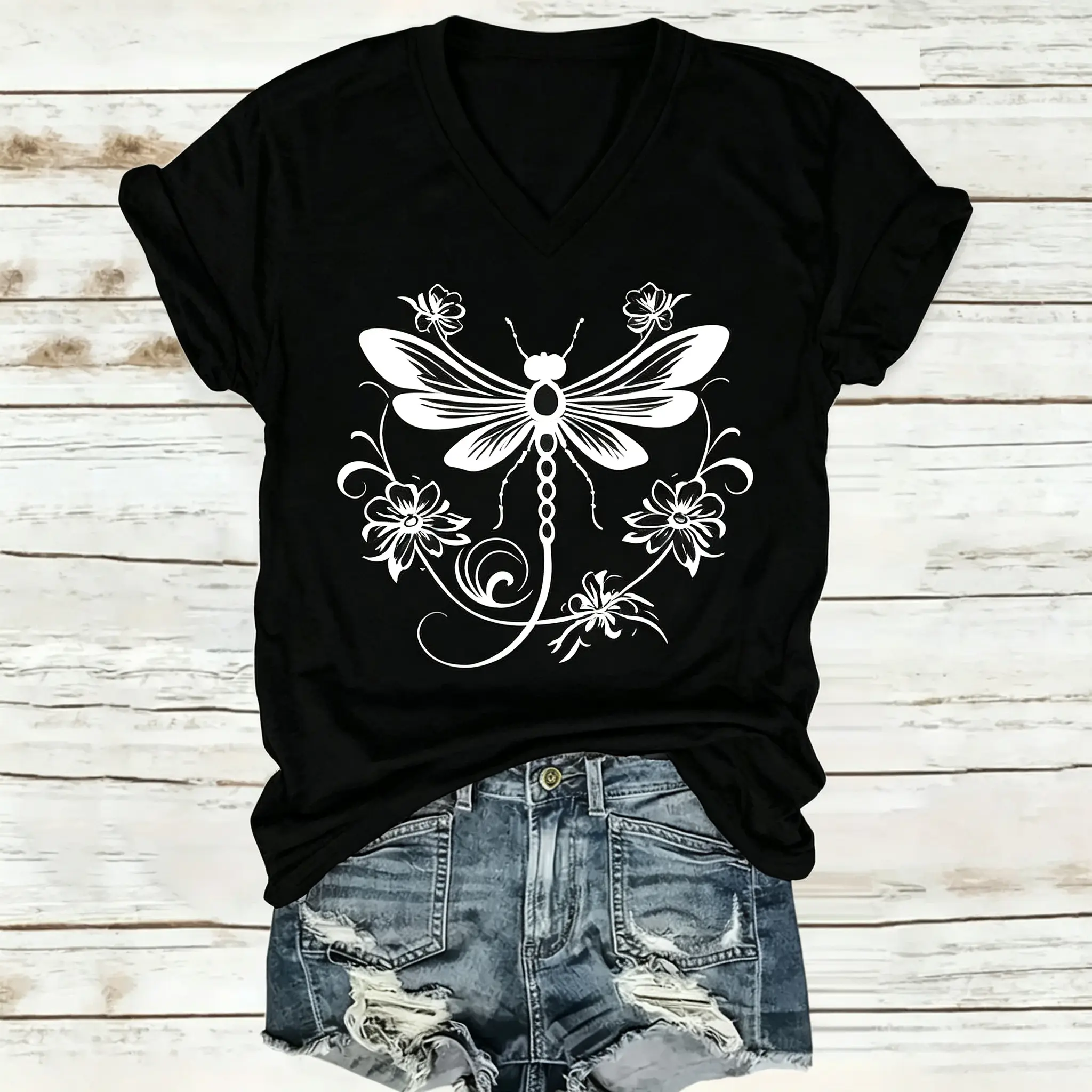 Vintage Animal Letter Print T Shirt Womens V Neck Short Sleeve Loose Fit Breathable Casual Summer