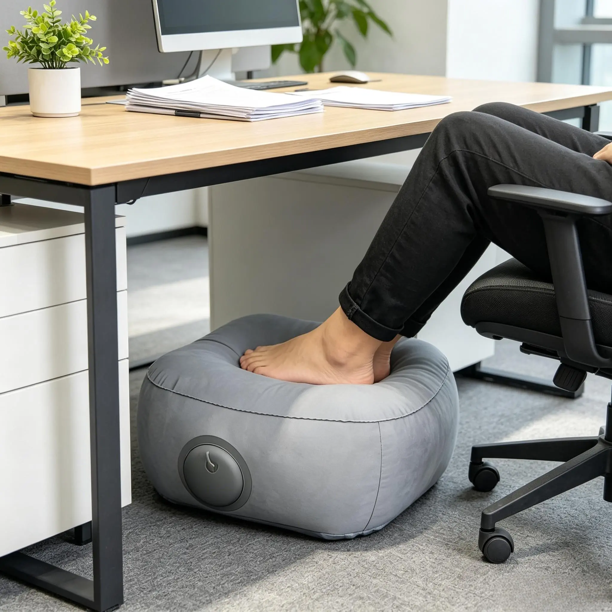 Portable Inflatable Footrest, Velvet Travel Foot Pillow, Adjustable Height, Lightweight, Easy Storage, Relieves Leg Fatigue, Ideal for Office & Travel
