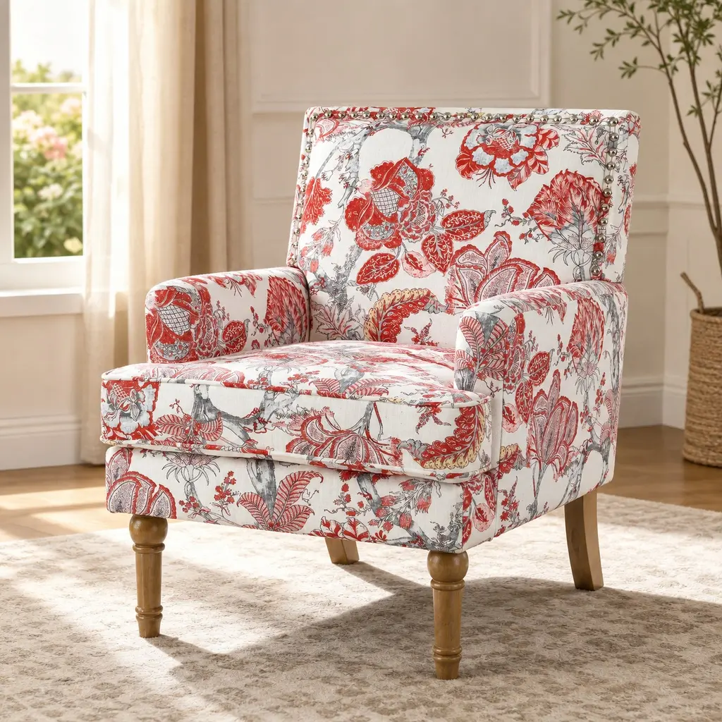 Red Floral Print Accent Chair - Fixed Arms, Decorative Nailhead Trim, Solid Wood Legs, Stable Farmhouse Slipper Design, 27W x 28.5D x 34H in, Wood+Fabric, Easy Under-Chair Cleaning, for Farmhouse Style Home Living Room, 1-Person Use, Contemporary Options