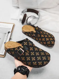 Men Vintage Green Clover Print Closed Toe Mule Clogs, Canvas Adjustable Buckle Slip On Slippers, Soft Cork Footbed Non-Slip Flat Slides, Casual Daily Home Outdoor Beach Comfort Walking Shoes Footwear