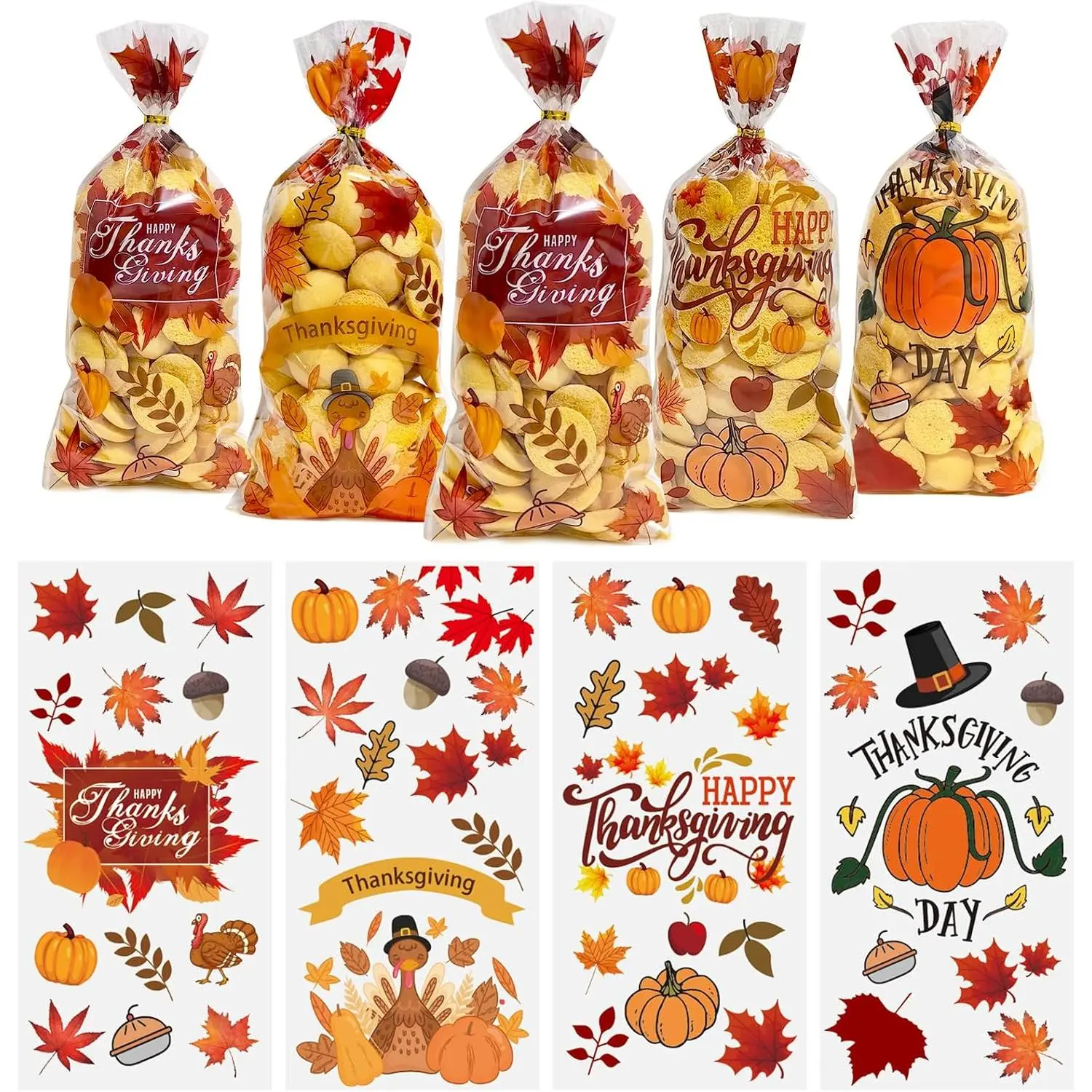 50 count Thanksgiving  Bags with 60 Twist Ties – Fall Cellophane  Bags for Cookies, Candy, Snacks, and Party Favors – Pumpkin, Turkey & Maple Leaf Thanksgiving Goodie Bags for