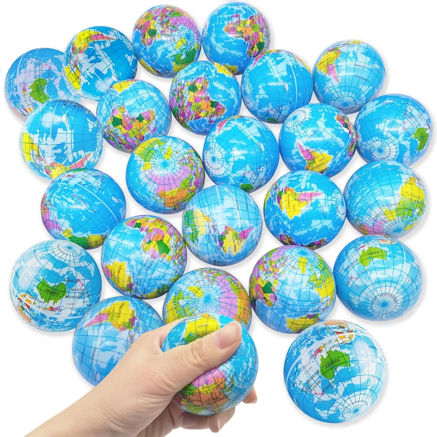 24 Pcs Unisex Globe Squeeze Balls - 2.5 in Mini Foam World Map Stress Relief Balls, Science Learning Toy for Kids, Party Favors (Pet Supplies Compatible)