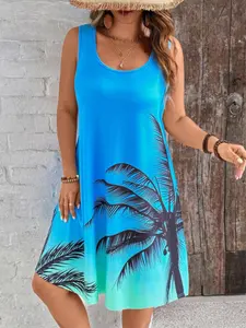 Plus Size Bohemian Boho Style Sleeveless Dress, Tropical Coconut Tree Print Round Neck Elastic Beach Top Skirt, Casual Summer Vacation