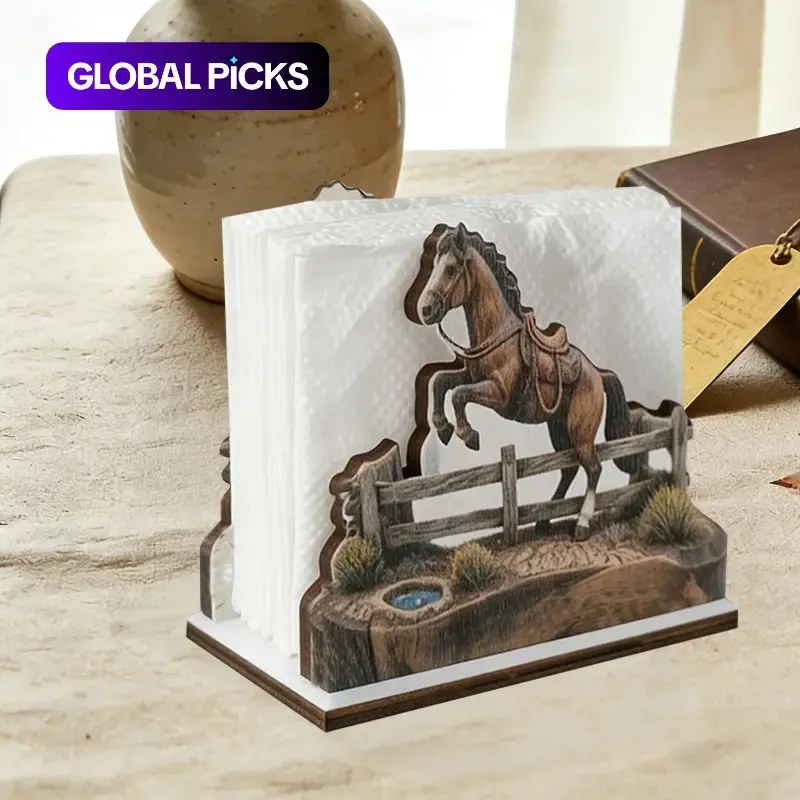 Western Horse Wooden Napkin Holder, Rustic Farmhouse Cowboy Fence Decor Napkin Dispenser, Country Table Napkin Storage Organizer for Kitchen, Dining Table and Home Decor, Unique Horse-Lover Gift #GLOBAL PICKS
