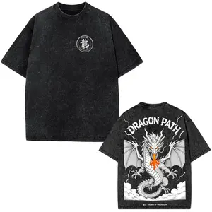 Dragon Path Acid Wash Oversized Graphic Tee Men Dark Fire Breathing Dragon Streetwear Japanese Gothic Gifts For Him Summer Men Clothes Washed Black T-Shirt stylish comfy