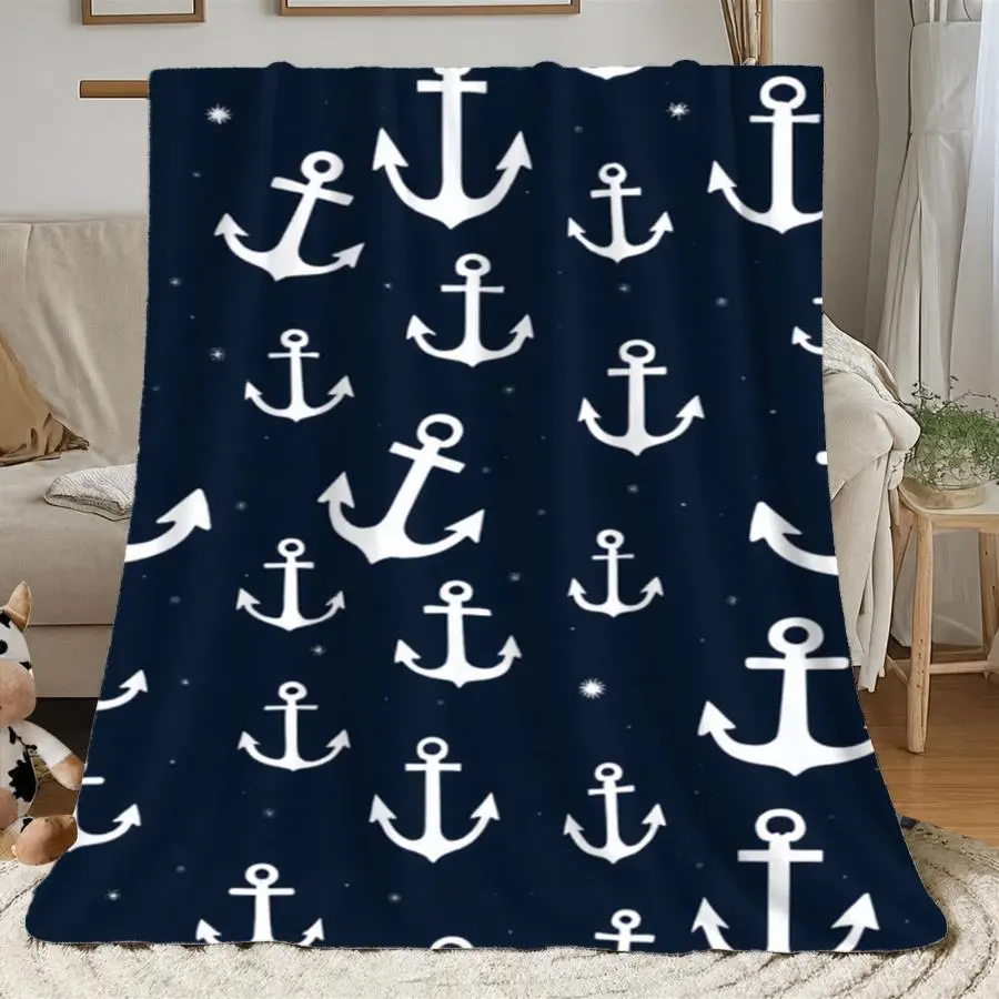 1Pc Nautical Anchor Bedspread - Soft 280GSM Flannel Suitable For All Seasons, Modern Anchor Print Throw Blanket Suitable For Beds & Sofas, Dark Navy Blue Bedspread For Maritime Or Coastal Room Decor, Cozy Gift Choice For Nautical Theme, Coastal Rooms, One