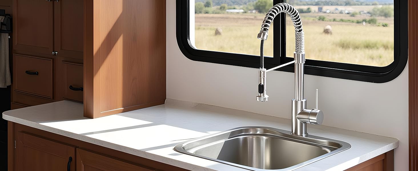 Brushed Nickel Kitchen Faucet with Pull Down Sprayer, Stainless Steel Spring Commercial Kitchen Sink Faucet with 10-Inch Deck,1 or 3 Hole Installation for Farmhouse, RV Camper, Laundry & Utility Sink