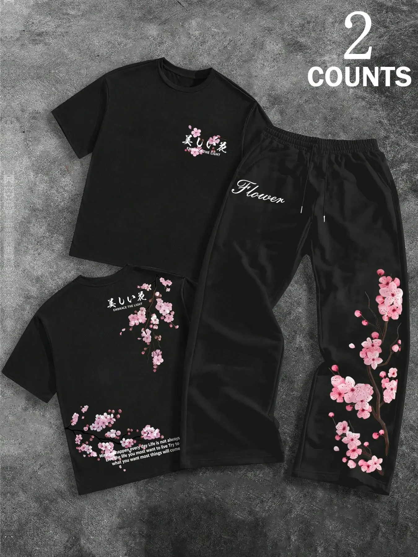 Men's Two-Piece Fashion Casual Set, Soft Comfort Floral Cherry Pattern Round Neck T-Shirt and Drawstring Wide Leg Pants, Spring Summer Fall
