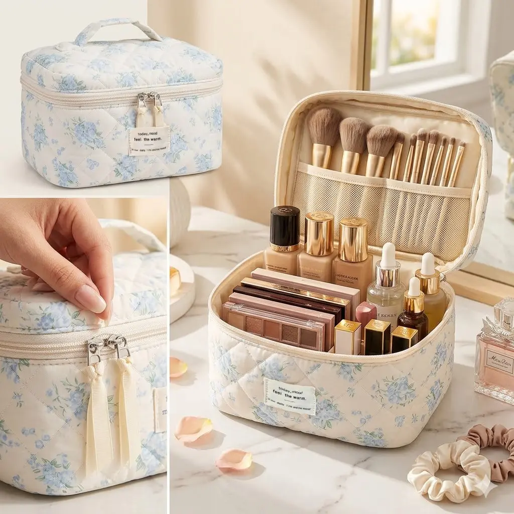 Gosect Quilted Crepe Makeup Bag - Large Capacity Double Layer Cotton Fabric Organizer for Adults, Durable Vintage Floral Print, Gold Zip Durability, Holds 3C Items for Travel & Daily Care