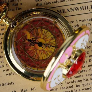 Magic Pink White Trim Ruby Sakura Animation Chain Pocket Watch Necklace Pocket Clock Gifts for Women Girls Cosplay Souvenirs
