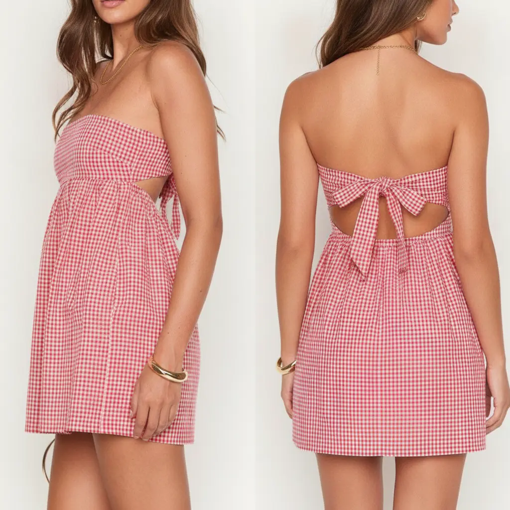 Women Gingham Plaid Strapless Mini Babydoll Dress, Tube Top Empire Waist Back Cutout Self Tie Bow Backless Short Sundress, Loose Flowy A Line Sleeveless Plaid Summer Dress