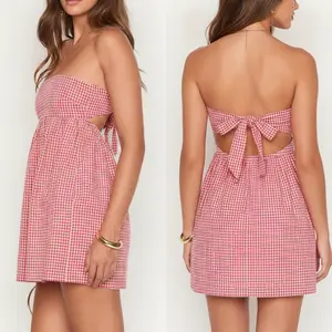 Women Gingham Plaid Strapless Mini Babydoll Dress, Tube Top Empire Waist Back Cutout Self Tie Bow Backless Short Sundress, Loose Flowy A Line Sleeveless Plaid Summer Dress