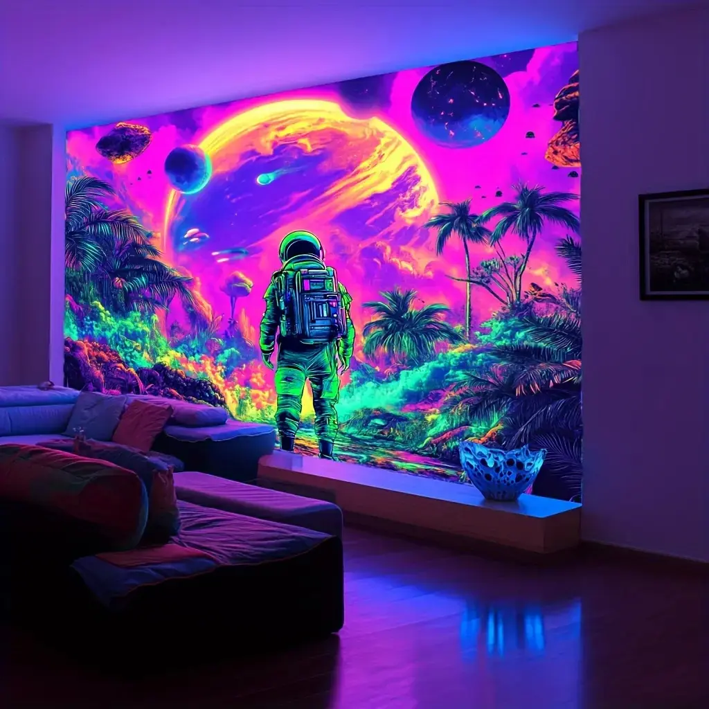 Extra Large Interstellar Astronaut Tapestry - UV Reactive Polyester Trippy Decorative Tapestry, Glow-in-the-Dark Space Adventure Wall Art, Room Decor Party Backdrop, Summer Holiday Home Decor, No Electricity Needed
