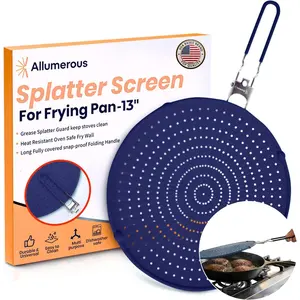 Silicone Splatter Screen for Frying Pan 13” Navy Grease & Oil Splatter Guard Heat Resistant Dishwasher Safe Foldable Handle Fits 10–12” Pans Most 13” Skillets