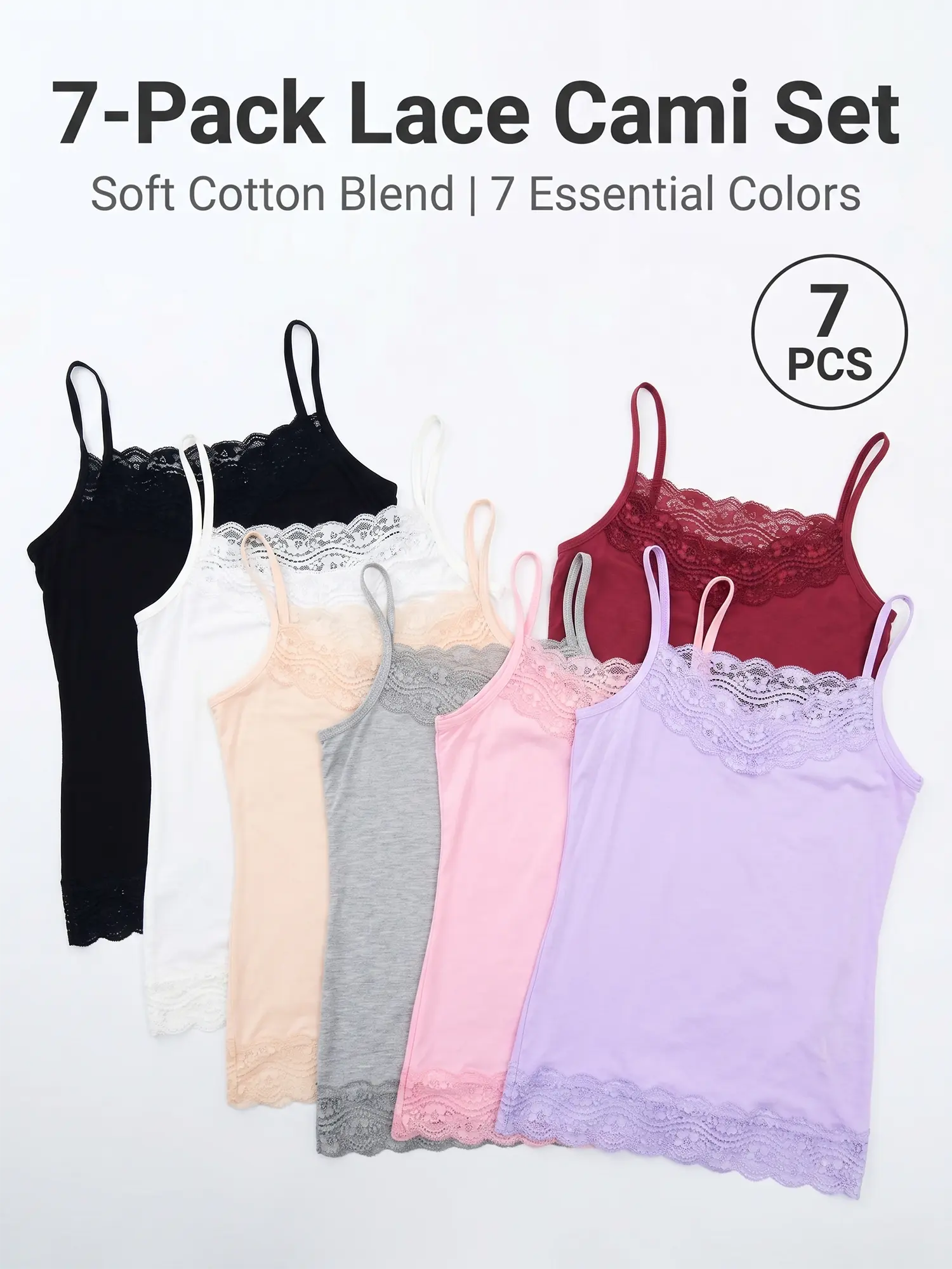 7 Pack Women Lace Cami Set Soft Layering Tank Tops V Neck Camisole Everyday Basic Sleeveless Tops