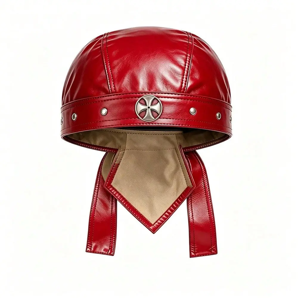WoMen's Cool Cross Leather Skull Cap Adjustable - Soft Punk Biker Cap For Men Unisex, Classic Motorcycle Skull Cap Leather Biker Hat -Red