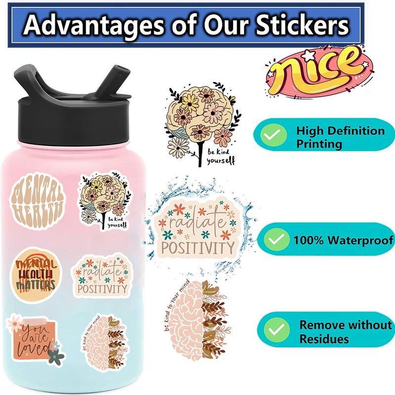 50 Pack Bohemian Style Mental Health Awareness Vinyl Stickers, Colorful Motivational Decals for Laptops, Phones, Bottles, Phone Case and More