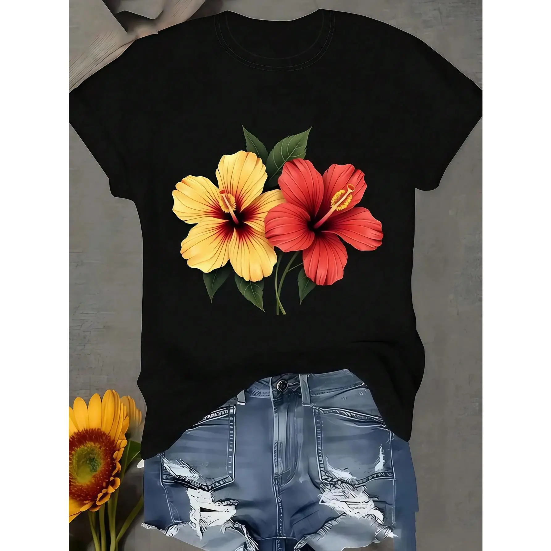 1pc Women Clothes Hibiscus Print Black TShirt, Unisex Casual Crew Neck Tshirt, Lightweight 220gsm Knit Fabric, Machine Washable,