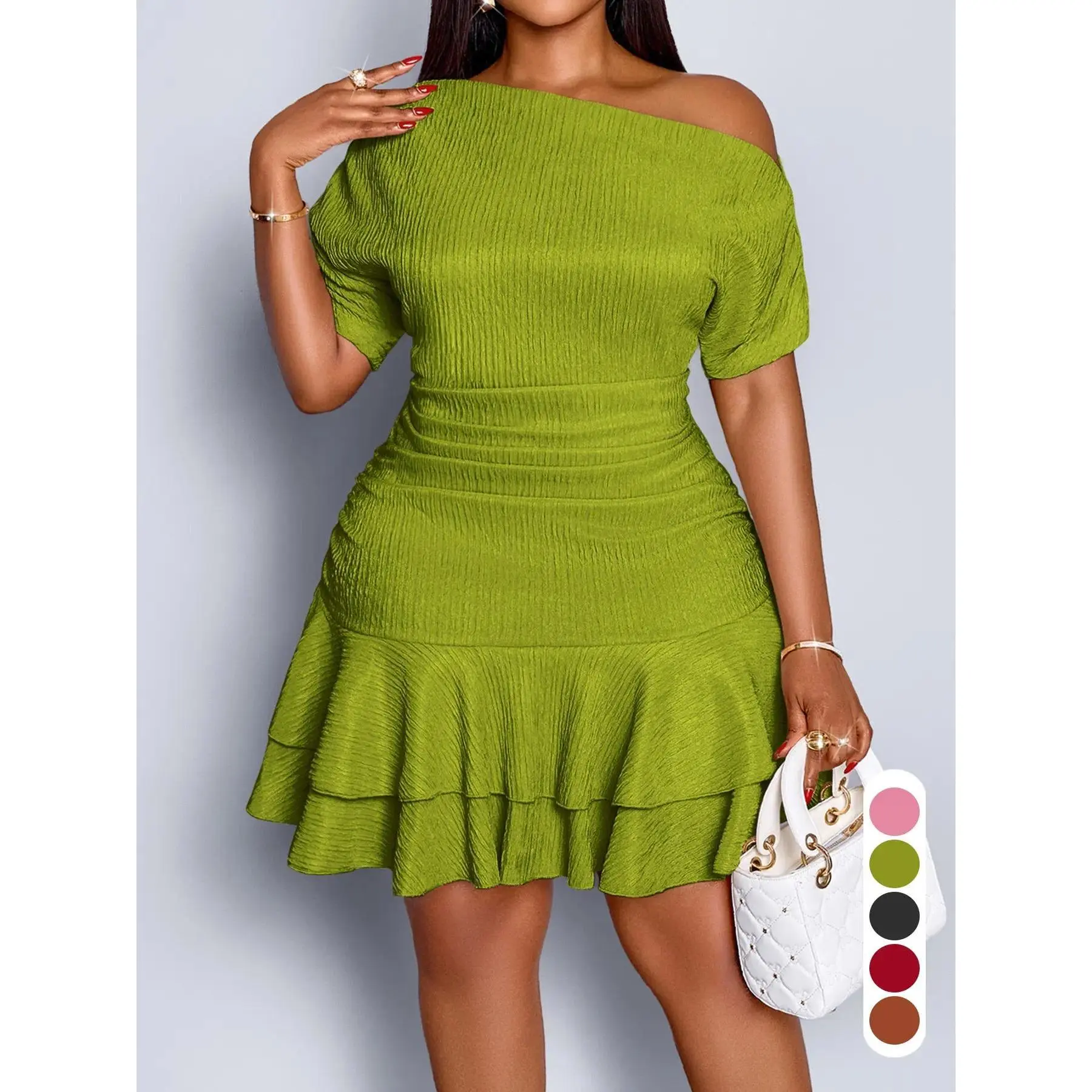 Women’s Elegant Asymmetrical Neck Knit Dress, Solid Slim Fit Design with Ruffled Hem, Chic All Season Plus Size Outfit