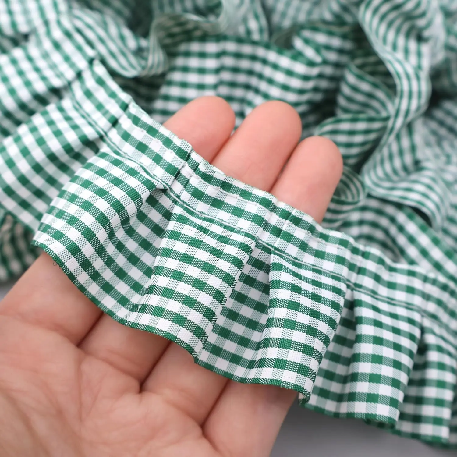 Gingham Ruffle Pleated Lace Trim 1.67" x5yd Gathered Ribbon Fabric Edge Trimming for Home Decor (Green)
