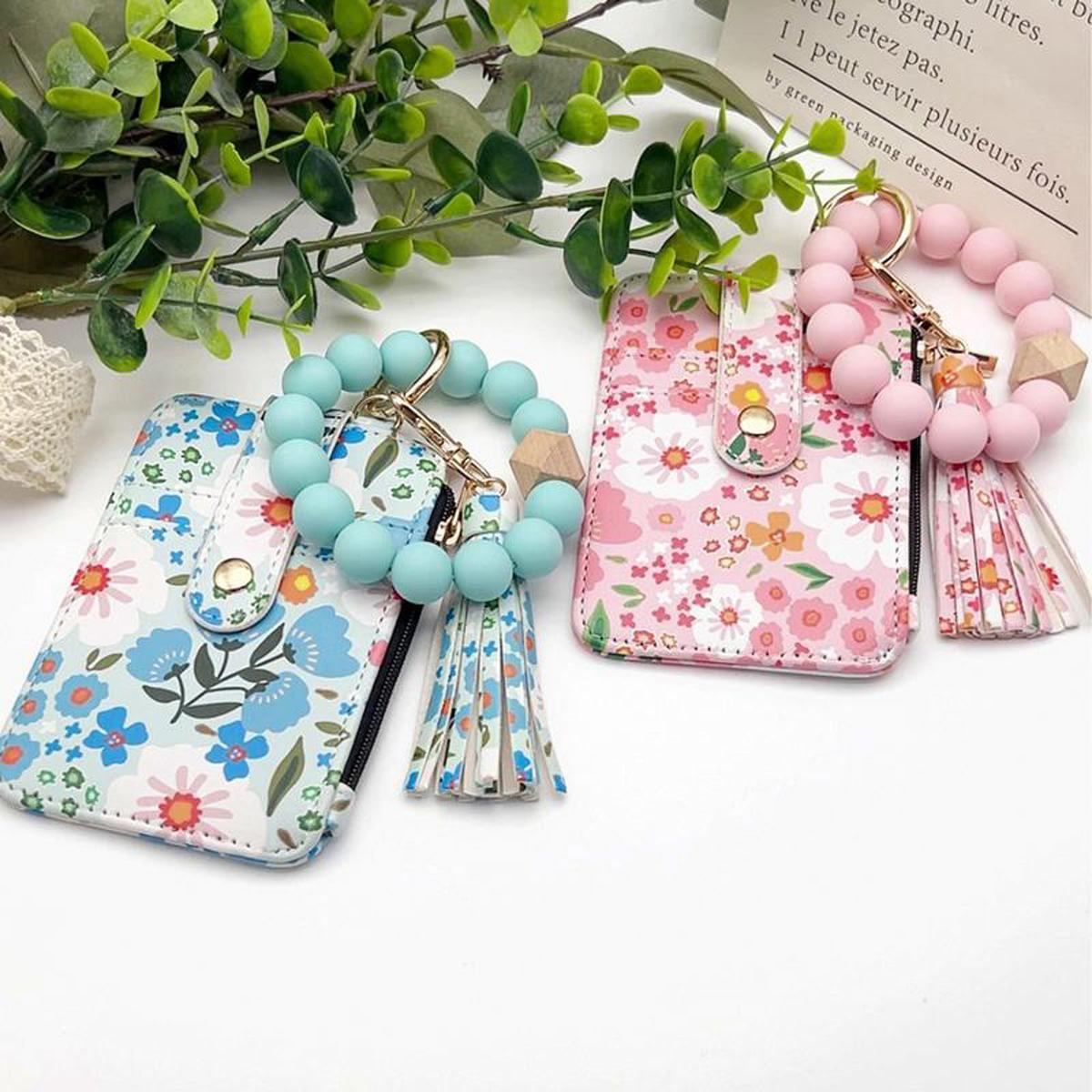 Floral PU Leather Zipper Wallet & Keychain with Silicone Bead Bracelet,Boho Style Wristlet Small Credit Card Holder Bracelet Key Chain Purse Bangle Tassel Beads for Women,  Valentine’s Day, or Everyday Use, Versatile Wallet | Chic Bracelet Wallet
