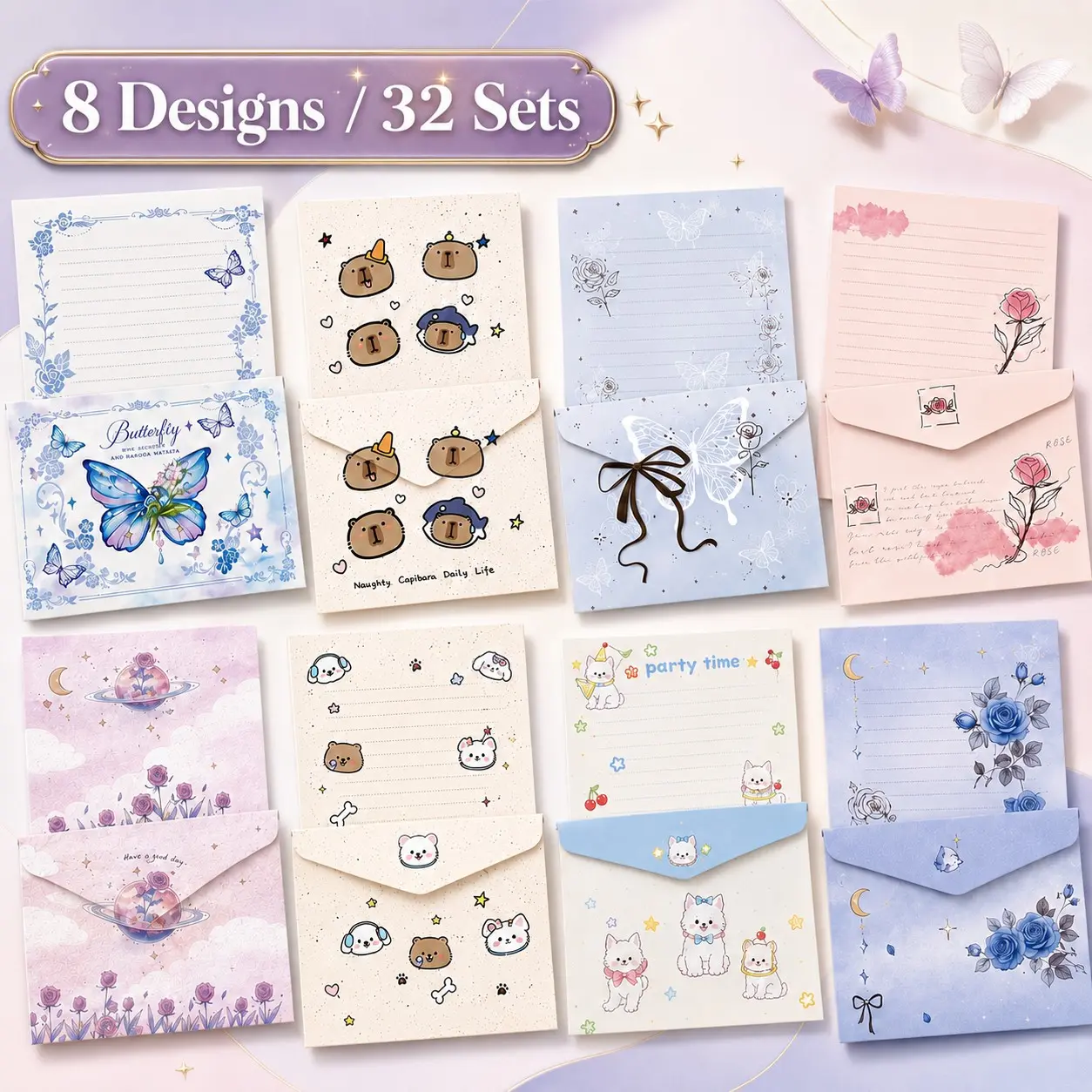 32-Piece Cute Letter Paper Envelope Set, 8 Adorable Designs, 32 Envelopes and Papers, Ideal for Pen Pals, Diaries, Gifts, Letters, Thank You Cards