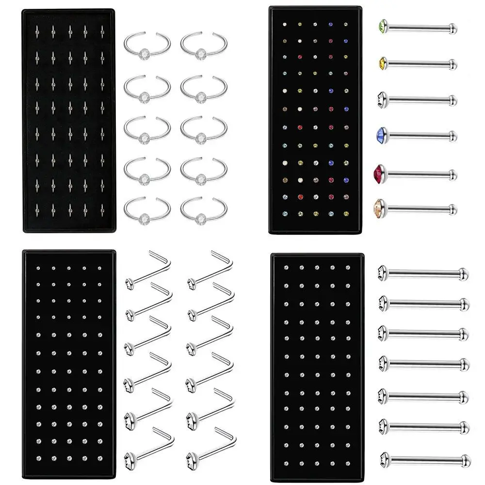 Women's Premium Anti-Allergy Stainless Steel Piercing Jewelry Set - 60 Pcs Rhinestone Nose Ring & Lip Stud, Mixed 1.5/2.0/2.5mm Glossy Fringe Designs, Lip Ring, Body Jewelry Set, Daily, Female, Accessories For Women, Tarnish Proof Jewelry