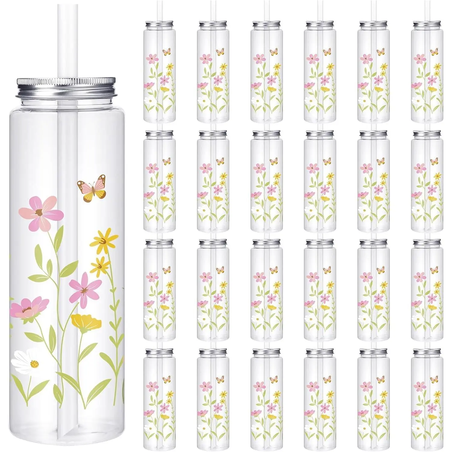 Kochorie 24 Pcs 16.9 Oz Floral Plastic Cups with Lids and Straws, Reusable Flower Party Cups Bulk, Wildflowers Plastic Drinking Cups for Summer Spring Birthday Baby Shower Wedding Party Supplies