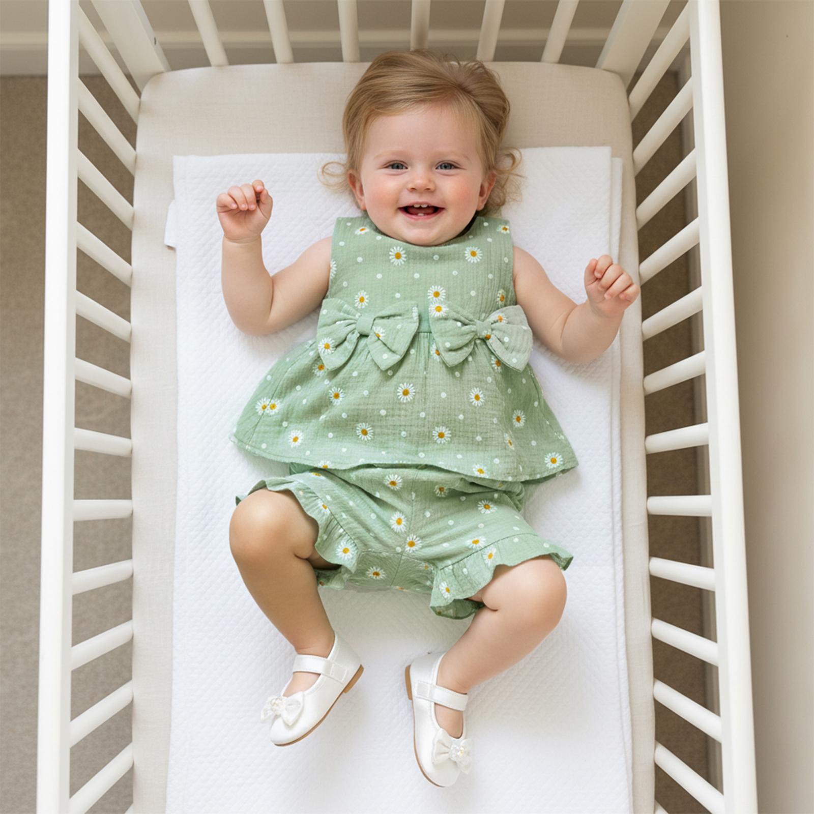 Toddler Baby Girl Outfit Summer Clothes Bow Print Bowknot Smocked Camisole Tank Top Ruffle Shorts Set