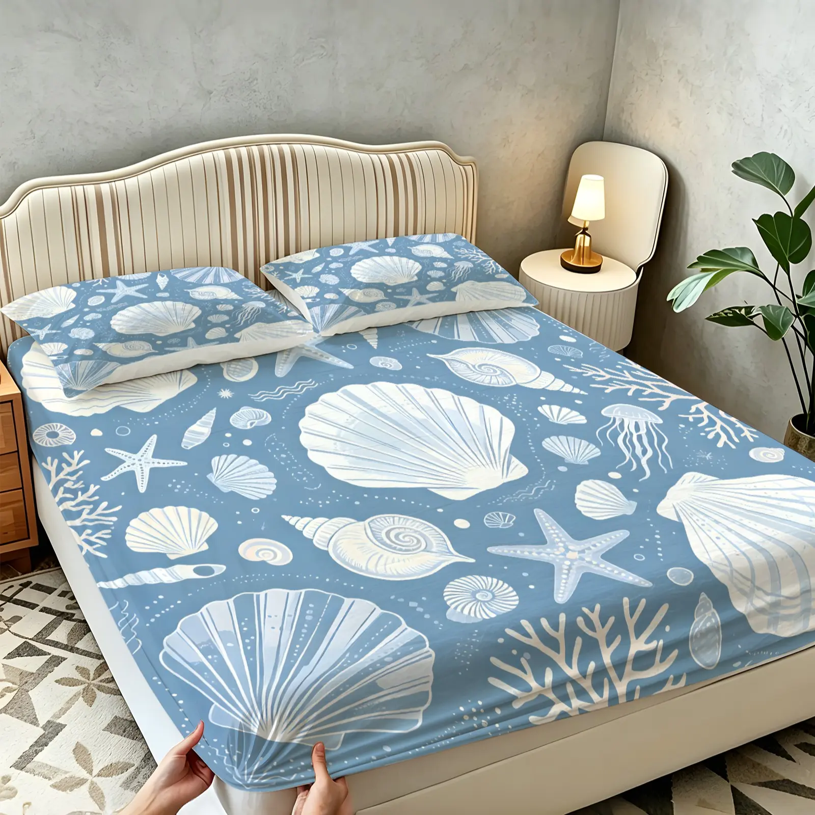 3-Piece Fresh Ocean & Shell Printed Fitted Sheet Set, Machine Washable, Soft, Skin-Friendly & Breathable Polyester Fabric, Full-Wrap Anti-Slip Mattress Protective Design, Suitable for All People & All Scenarios, All-Season Bedroom Decor