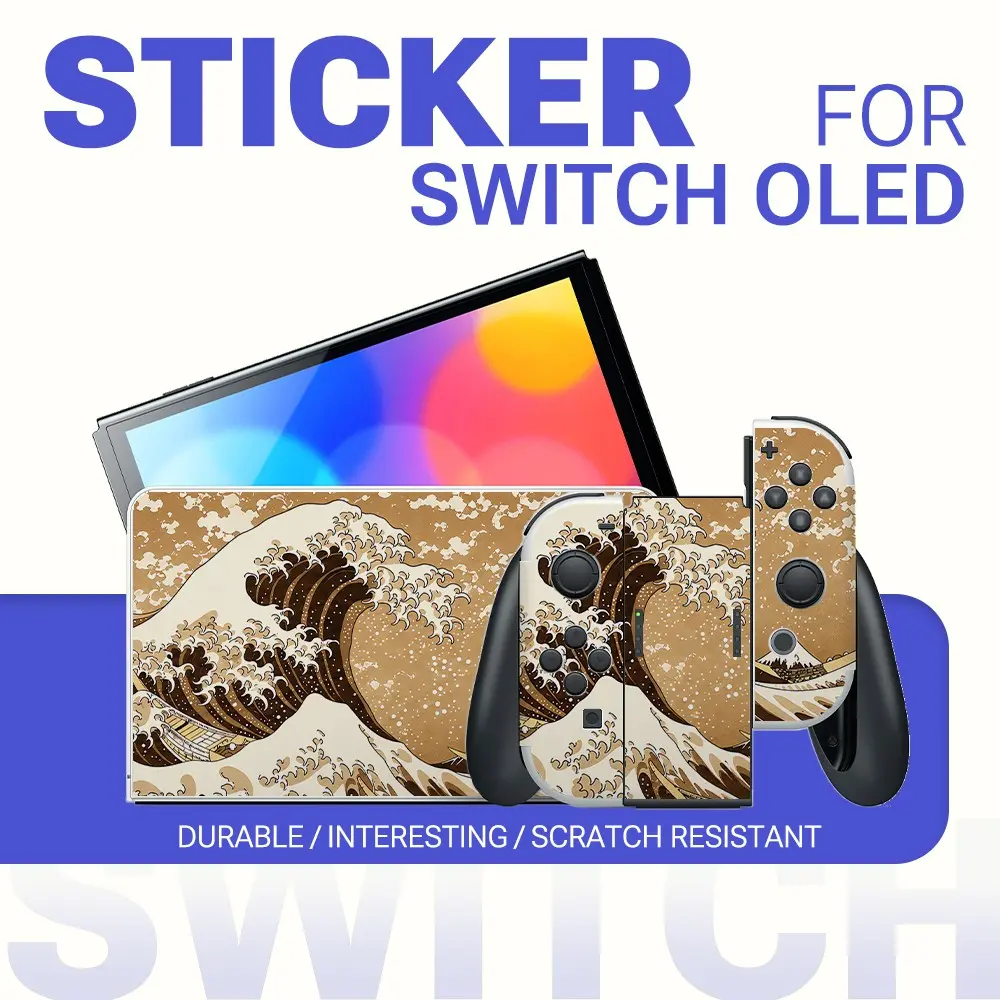 Vintage Wave Art Vinyl Sticker for Switch Oled, Aesthetic Stickers, Waterproof Removable Game Console Decal, Controller Protection Film, No Residue