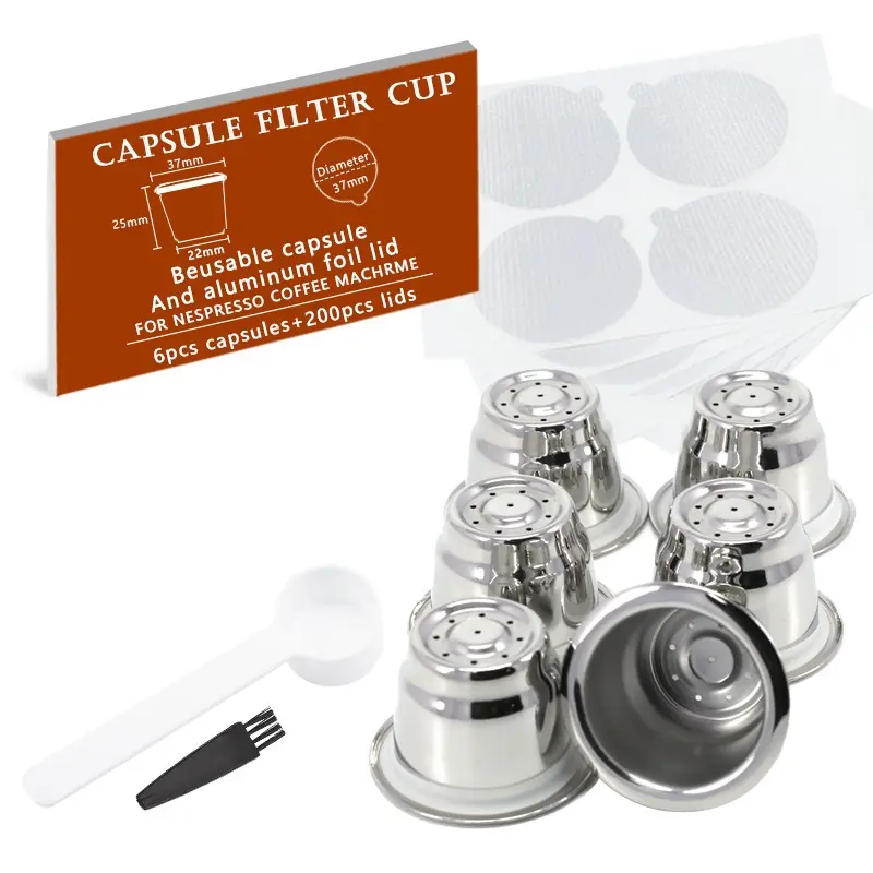 6 Stainless Steel Coffee Filters + 200 Aluminum Foil Seals, Durable Reusable Coffee Filter Set, Perfect for Home, Kitchen & Office Use