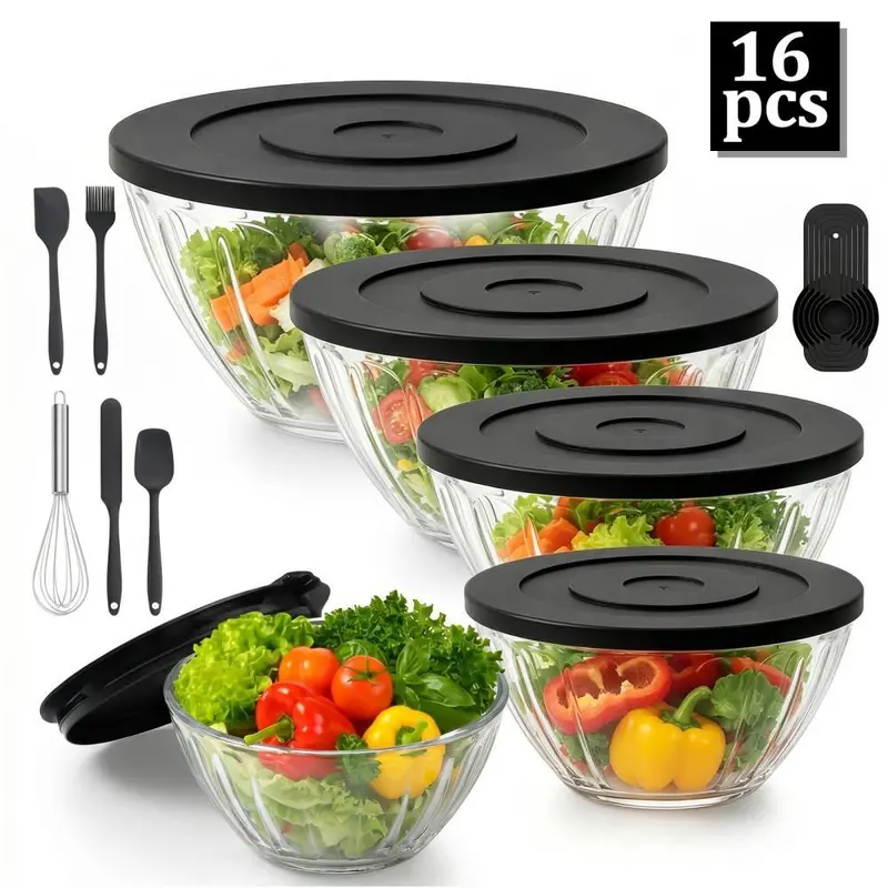 Stackable Clear Mixing Bowls with Airtight Black Lids, 16‑Piece Kitchen Bowl Set, Includes Whisk, Silicone Spatulas & Measuring Spoons for Baking Food Prep Storage