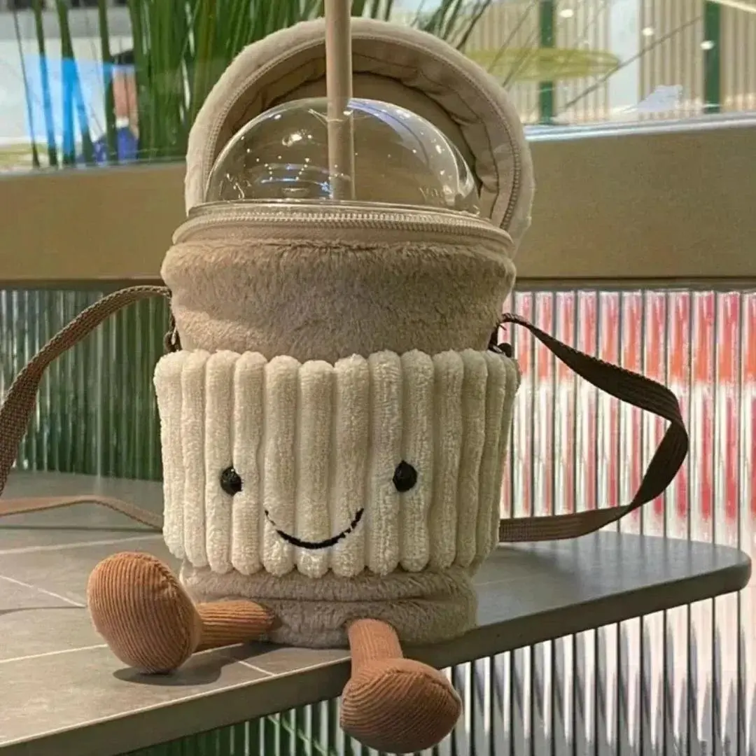 Unisex Cartoon Face Replica Plush Keychain Pendant - Casual Wear Crossbody Bag, Coffee Milk Tea Bag Themed Accessory with Glass Mirror for Cup Accompaniment