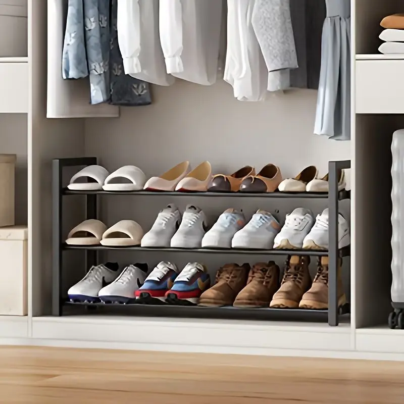 3-Tier Expandable Shoe Rack, Adjustable Heavy-Duty Metal Organizer Shelf for Closet Entryway Mudroom Garage, Durable Freestanding Storage in Black